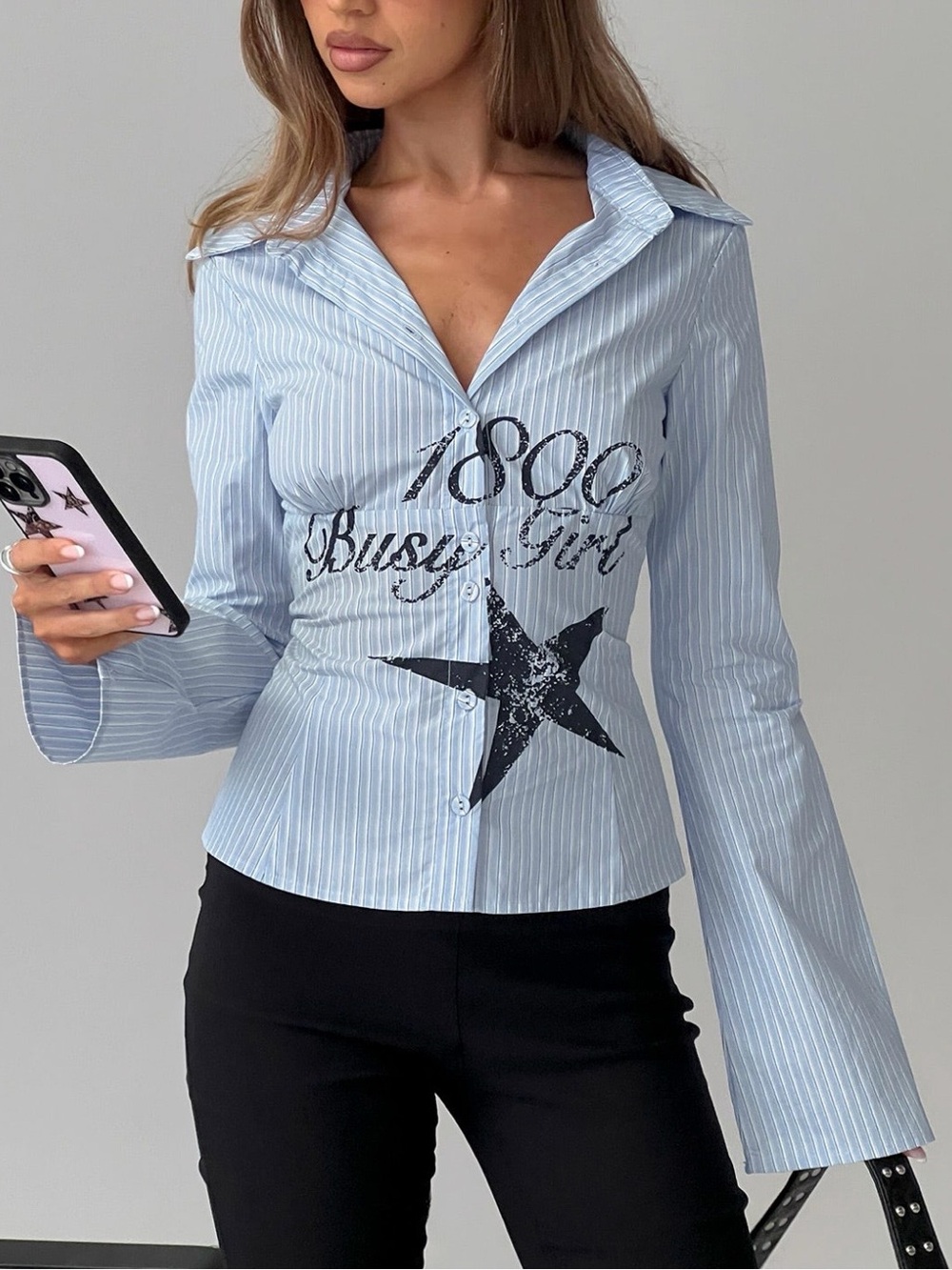 Princess Polly Light Blue Pinstripe Button-Down with Black Star Graphic